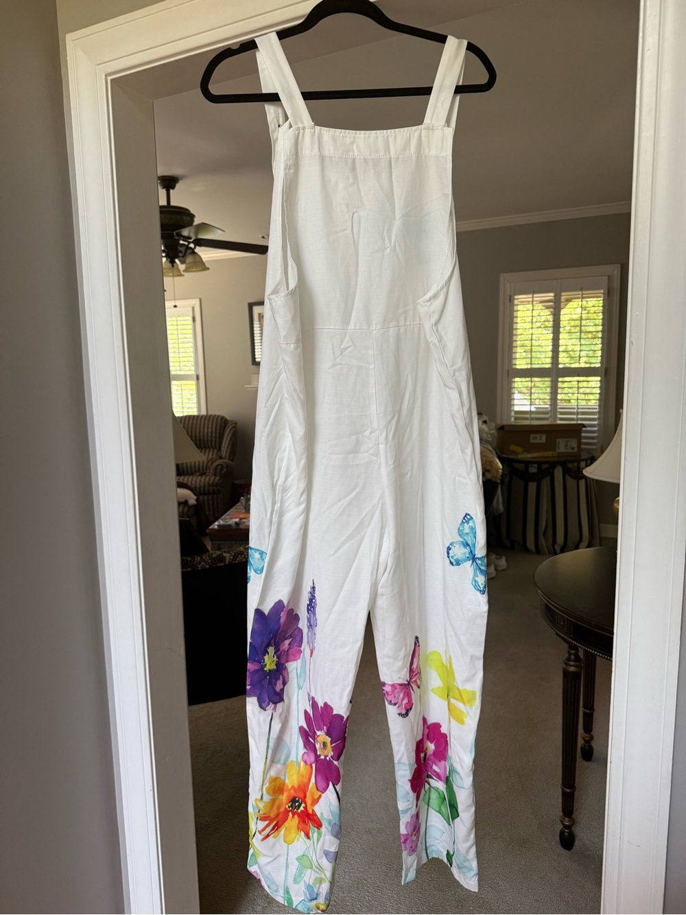 Women’s White Floral & Butterfly Linen Romper Jumpsuit - Picture 6 of 6